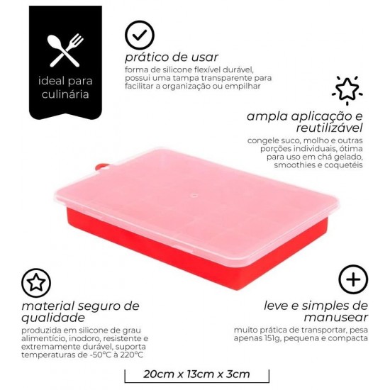 Forma Para Gelo em Silicone Com Tampa 20cm Vermelho 24 Cubos